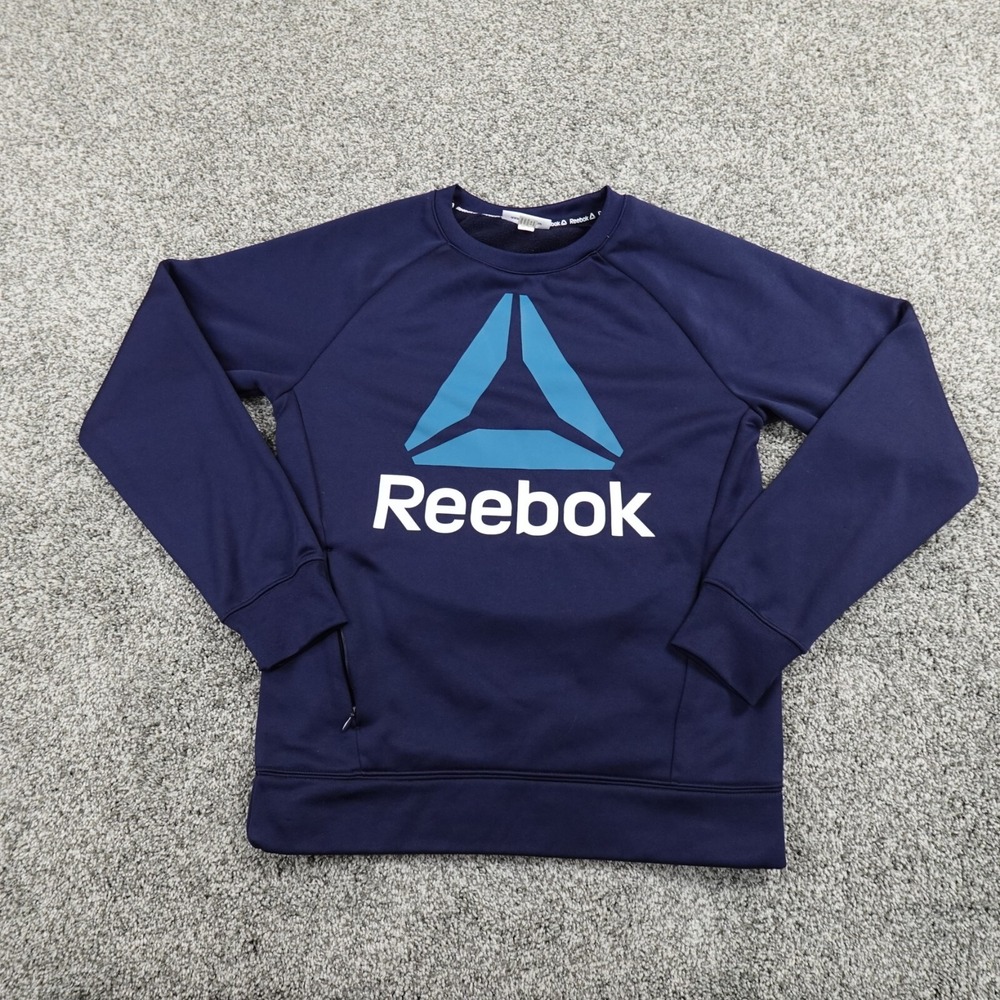 Reebok Sweater Mens Small Blue Spell Out Logo Outdoor Sweatshirt Active Athletic
